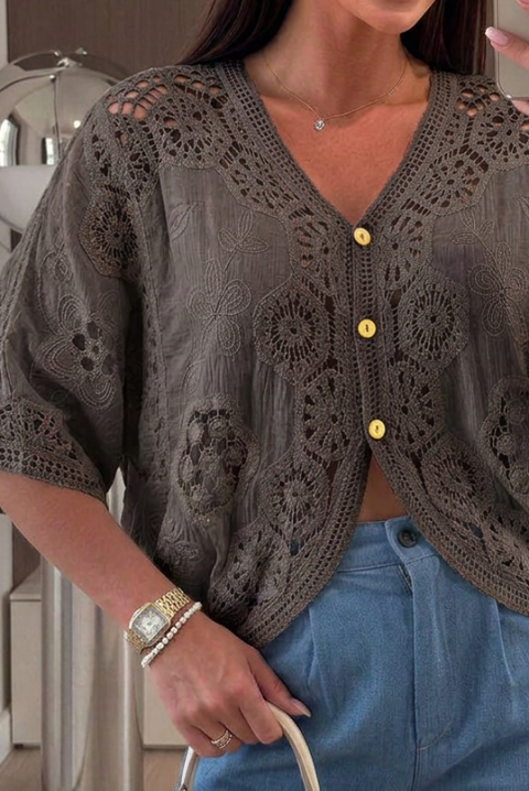 Ženska boho bluza sa čipkom i cvetnim vezom ENPITA BROWN, Boja: braon, IVET.RS - Nova Kolekcija