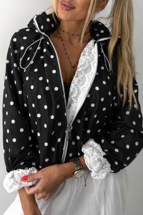 Ženska jakna na tufne sa čipkastom postavom i kapuljačom DOTILIANA BLACK, Boja: crna, IVET.RS - Nova Kolekcija