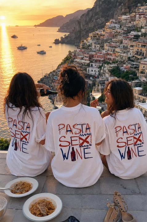 Ženska majica sa slobodnom siluetom i printom pasta sex wine BELVITA, Boja: bela, IVET.RS - Nova Kolekcija