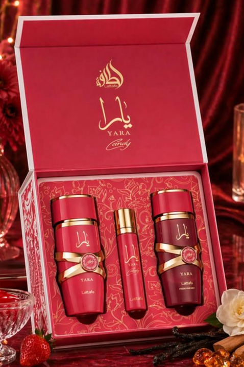 Ženski arapski komplet Lattafa Yara Candy Edp 100 ml + 12 ml Edp + Hair Mist 50 mlIVET.RS - Nova Kolekcija