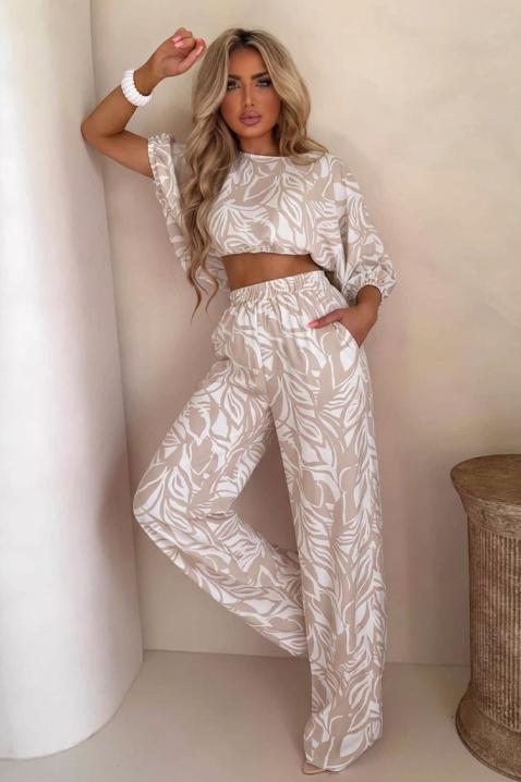 Ženski komplet kratki top i široke pantalone sa cvetnim dezenom EMELIANA BEIGE, Boja: bež, IVET.RS - Nova Kolekcija