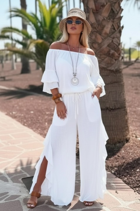 Ležerni ženski komplet bluza sa spuštenim ramenima i široke pantalone sa volanima VALIRENA WHITE, Boja: bela, IVET.RS - Nova Kolekcija