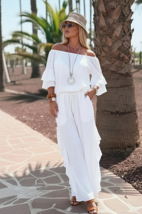 Ležerni ženski komplet bluza sa spuštenim ramenima i široke pantalone sa volanima VALIRENA WHITE, Boja: bela, IVET.RS - Nova Kolekcija
