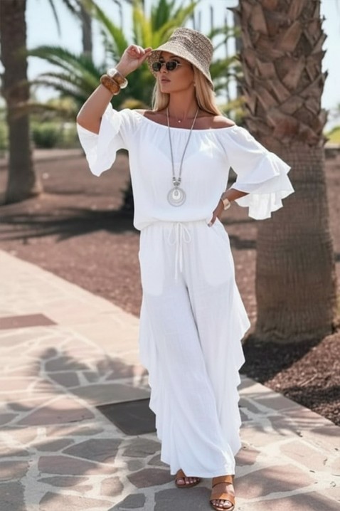 Ležerni ženski komplet bluza sa spuštenim ramenima i široke pantalone sa volanima VALIRENA WHITE, Boja: bela, IVET.RS - Nova Kolekcija