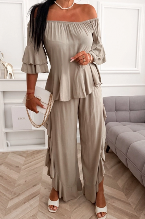 Ležerni ženski komplet bluza sa spuštenim ramenima i široke pantalone sa volanima VALIRENA BEIGE, Boja: bež, IVET.RS - Nova Kolekcija
