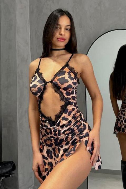 Kratka haljina sa animal printom, čipkastim ukrasom i visokim šlicem LEOPARDIA, Boja: leopard, IVET.RS - Nova Kolekcija