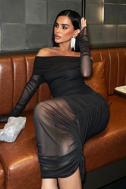 Elegantna midi haljina sa tilom i spuštenim ramenima VELENSIANA BLACK, Boja: crna, IVET.RS - Nova Kolekcija