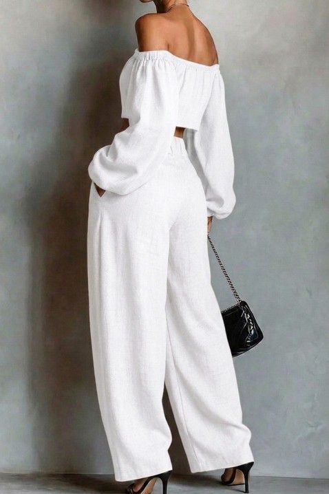 Ženski laneni komplet top sa spuštenim ramenima i široke pantalone JEZABEL WHITE, Boja: bela, IVET.RS - Nova Kolekcija