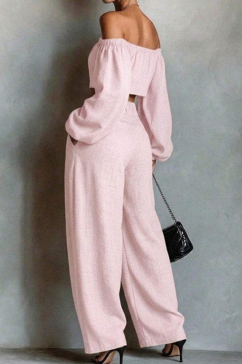 Ženski laneni komplet top sa spuštenim ramenima i široke pantalone JEZABEL PINK, Boja: roze, IVET.RS - Nova Kolekcija