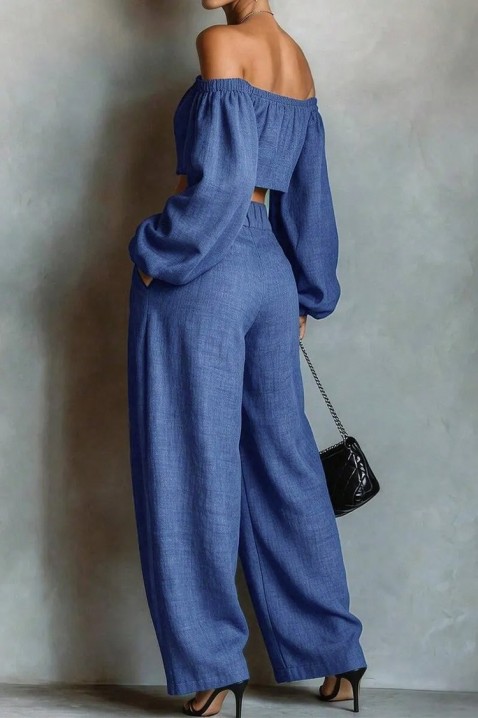 Ženski laneni komplet top sa spuštenim ramenima i široke pantalone JEZABEL BLUE, Boja: plava, IVET.RS - Nova Kolekcija
