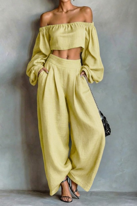 Ženski laneni komplet top sa spuštenim ramenima i široke pantalone JEZABEL YELLOW, Boja: žuta, IVET.RS - Nova Kolekcija
