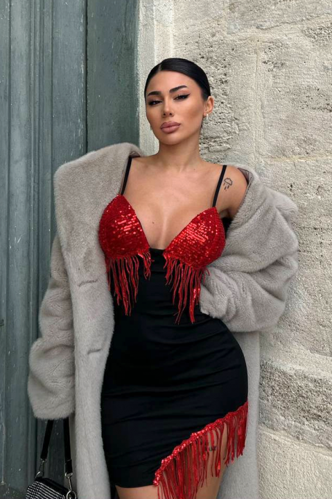 Kratka seksi asimetrična haljina sa šljokicama i resama ZELASIA RED, Boja: crna i crvena, IVET.RS - Nova Kolekcija
