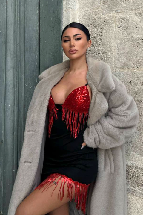 Kratka seksi asimetrična haljina sa šljokicama i resama ZELASIA RED, Boja: crna i crvena, IVET.RS - Nova Kolekcija