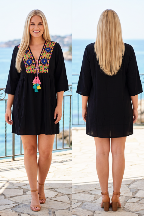 Boho tunika-haljina sa etno vezom i šarenim kićankama FIORAVELA BLACK, Boja: crna, IVET.RS - Nova Kolekcija