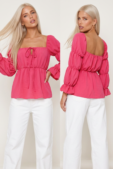 Ženska bluza sa puf rukavima, kvadratnim dekolteom i vezicama ROSAVIA PINK, Boja: roze, IVET.RS - Nova Kolekcija