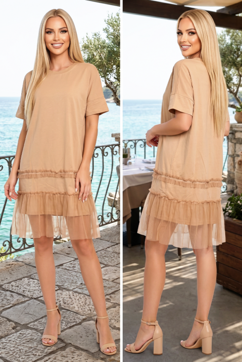 Sportsko-elegantna kratka haljina u stilu majice sa til volanima MIREVINA BEIGE, Boja: bež, IVET.RS - Nova Kolekcija