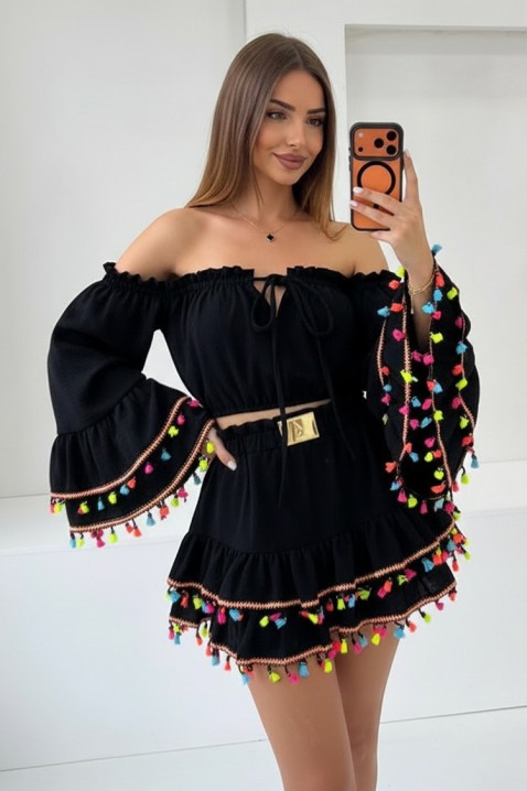 Ženski boho komplet sa kratkim topom sa efektnim rukavima i mini suknjom sa resama FIESTIA BLACK, Boja: crna, IVET.RS - Nova Kolekcija