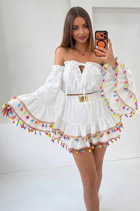 Ženski boho komplet sa kratkim topom sa upečatljivim rukavima i mini suknjom sa resama FIESTIA WHITE, Boja: bela, IVET.RS - Nova Kolekcija