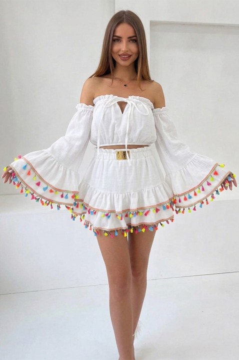 Ženski boho komplet sa kratkim topom sa upečatljivim rukavima i mini suknjom sa resama FIESTIA WHITE, Boja: bela, IVET.RS - Nova Kolekcija