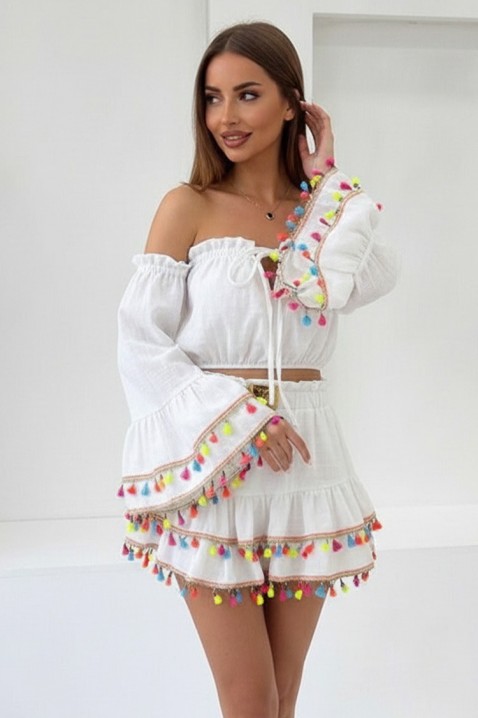 Ženski boho komplet sa kratkim topom sa upečatljivim rukavima i mini suknjom sa resama FIESTIA WHITE, Boja: bela, IVET.RS - Nova Kolekcija