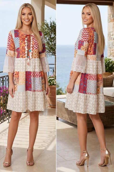 Slobodna boho kratka haljina sa patchwork printom i čipkanim rukavima FANTAVELA ECRU, Boja: višebojna, IVET.RS - Nova Kolekcija