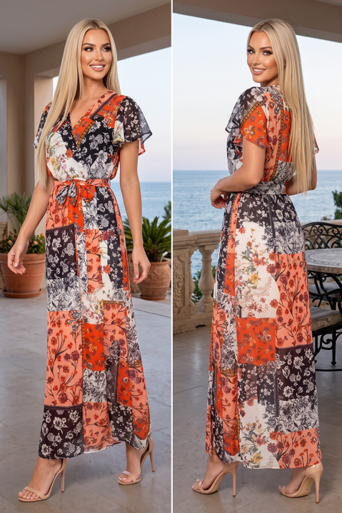 Impresivna duga haljina sa bogatim cvetnim patchwork dezenom i romantičnim kratkim rukavima FIORISCA ORANGE, Boja: višebojna, IVET.RS - Nova Kolekcija
