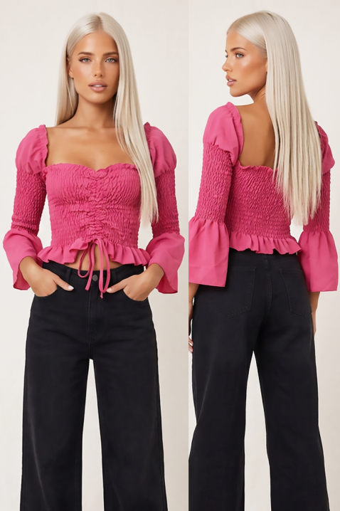 Koketna kratka ženska bluza sa naboranim efektom i A rukavima ZEFIRAVIA PINK, Boja: roze, IVET.RS - Nova Kolekcija