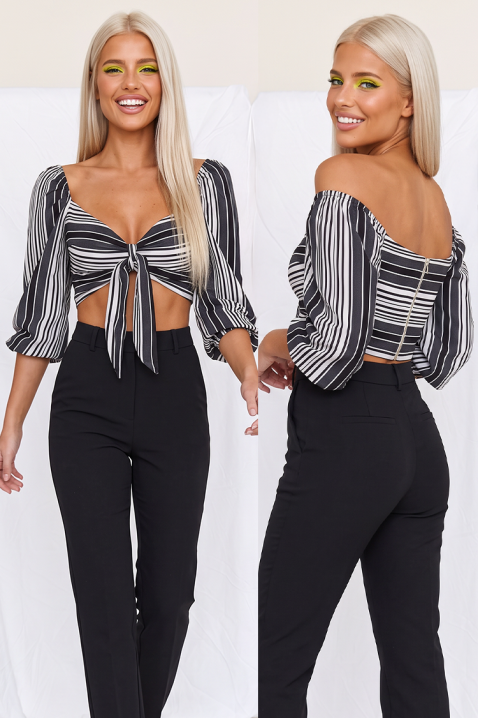 Ženski crop top na pruge sa vezivanjem i puf rukavima KAVENA BLACK, Boja: crna i bela, IVET.RS - Nova Kolekcija