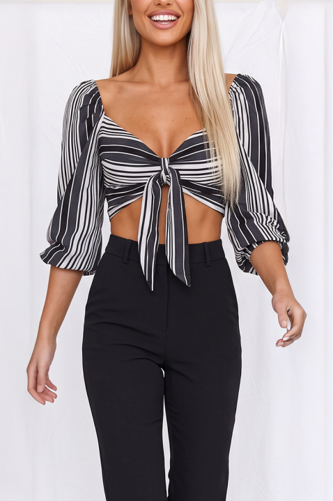 Ženski crop top na pruge sa vezivanjem i puf rukavima KAVENA BLACK, Boja: crna i bela, IVET.RS - Nova Kolekcija