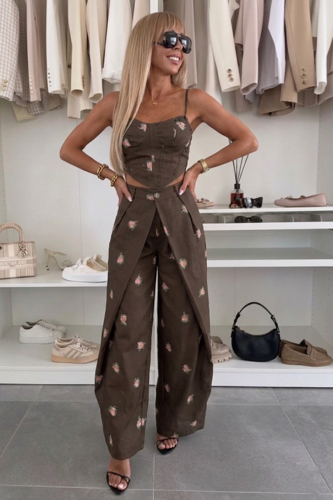Efektan ženski komplet od korset topa i širokog pantalona sa preklopom LENARIA BROWN, Boja: braon, IVET.RS - Nova Kolekcija