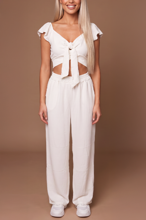 Letnji ženski set od dva dela široke pantalone i crop top sa vezivanjem SVENSELA WHITE, Boja: bela, IVET.RS - Nova Kolekcija