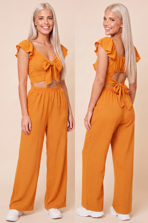Letnji ženski set od dva dela široke pantalone i crop top sa vezivanjem SVENSELA ORANGE, Boja: narandžasta, IVET.RS - Nova Kolekcija