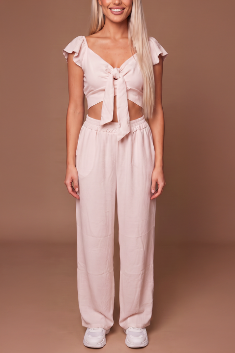 Letnji ženski set od dva dela široke pantalone i crop top sa vezivanjem SVENSELA PUDRA, Boja: rose, IVET.RS - Nova Kolekcija