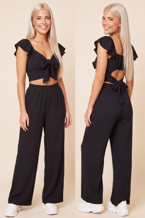 Letnji ženski set od dva dela široke pantalone i crop top sa vezivanjem SVENSELA BLACK, Boja: crna, IVET.RS - Nova Kolekcija