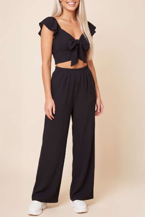Letnji ženski set od dva dela široke pantalone i crop top sa vezivanjem SVENSELA BLACK, Boja: crna, IVET.RS - Nova Kolekcija