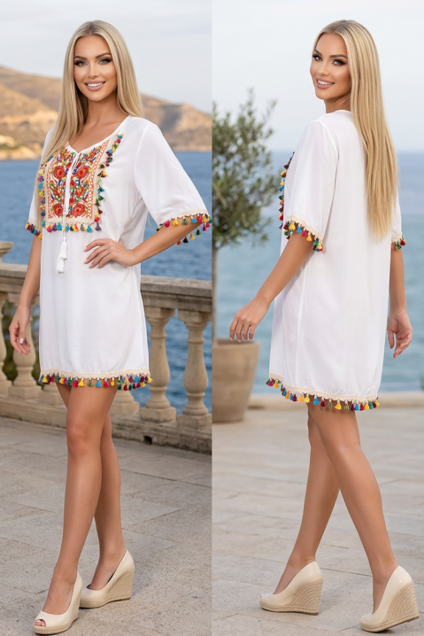 Boho tunika-haljina sa etno vezom i šarenim kićankama EROSALIA WHITE, Boja: bela, IVET.RS - Nova Kolekcija