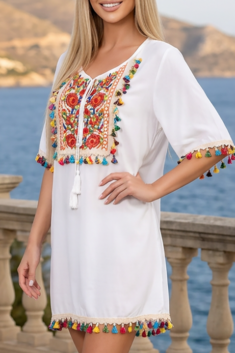 Boho tunika-haljina sa etno vezom i šarenim kićankama EROSALIA WHITE, Boja: bela, IVET.RS - Nova Kolekcija