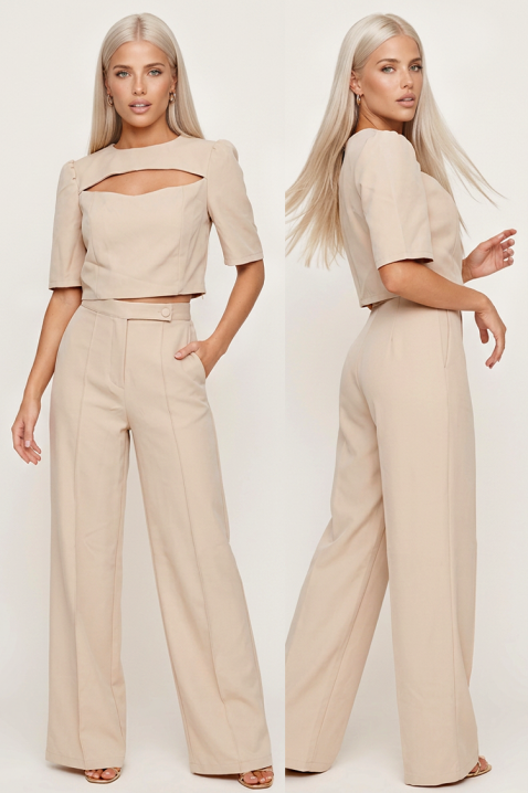 Ženski komplet od kratkog topa sa efektim izrezanim detaljem i širokim pantalonama sa visokom strukom DANESIA BEIGE, Boja: bež, IVET.RS - Nova Kolekcija