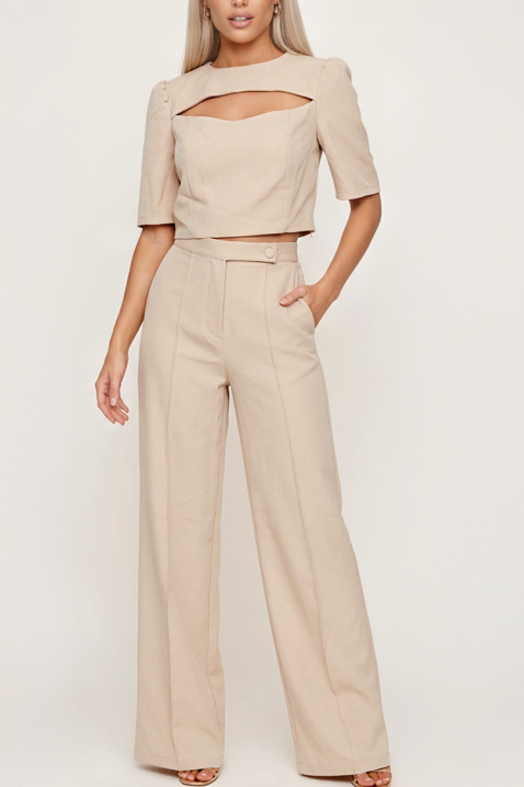 Ženski komplet od kratkog topa sa efektim izrezanim detaljem i širokim pantalonama sa visokom strukom DANESIA BEIGE, Boja: bež, IVET.RS - Nova Kolekcija
