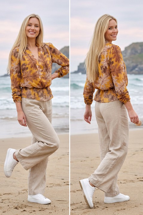 Bluza sa preklopljenim V-izrezom i jesenjim printom AURELIZA MUSTARD, Boja: senf, IVET.RS - Nova Kolekcija