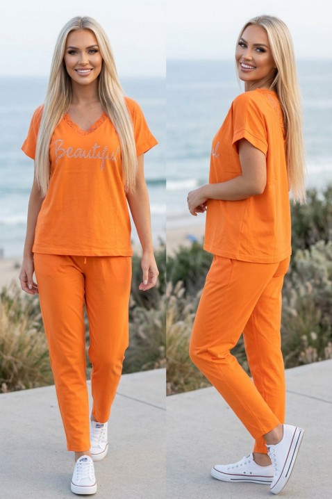 Ženski komplet sa bluzom sa čipkanim V izrezom i pantalonama SOLARENIA ORANGE, Boja: narandžasta, IVET.RS - Nova Kolekcija