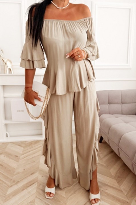 Ležerni ženski komplet bluza sa spuštenim ramenima i široke pantalone sa volanima VALIRENA BEIGE, Boja: bež, IVET.RS - Nova Kolekcija