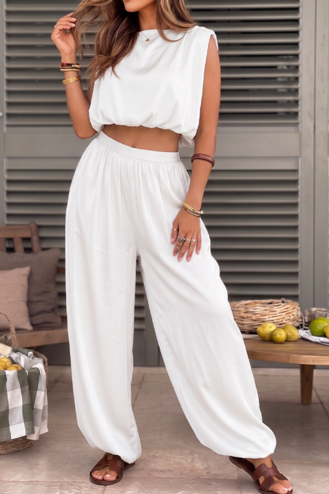 Stilan ženski komplet od prefinjenog kratkog topa i širokih ležernih pantalona LOREVESA WHITE, Boja: bela, IVET.RS - Nova Kolekcija