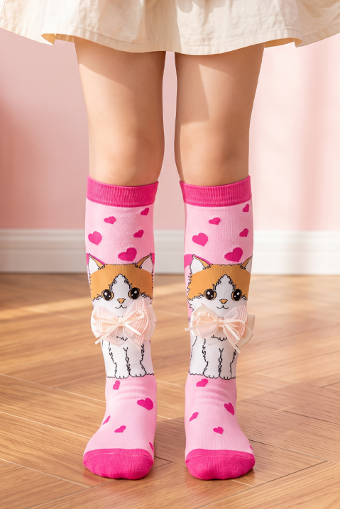 Dečije dokolenice sa 3D printom mačeta i mekom mašnom KITTY LOVE, Boja: roze, IVET.RS - Nova Kolekcija