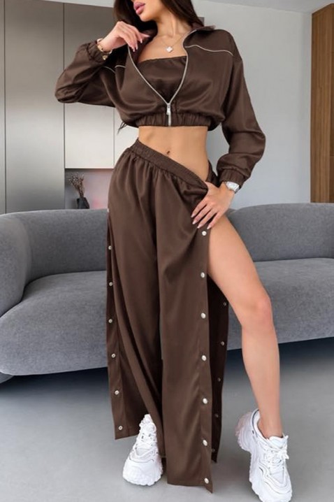 Ženski komplet od tri dela: kratka jakna sa širokim pantalonama i topom HRISANIA BROWN, Boja: braon, IVET.RS - Nova Kolekcija