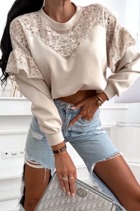 Ženska bluza sa čipkom i efektim rukavima ELARIETA BEIGE, Boja: bež, IVET.RS - Nova Kolekcija