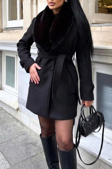 Elegantan ženski kaput wrap kroja sa pufnastom kragnom DOLNEVA BLACK, Boja: crna, IVET.RS - Nova Kolekcija