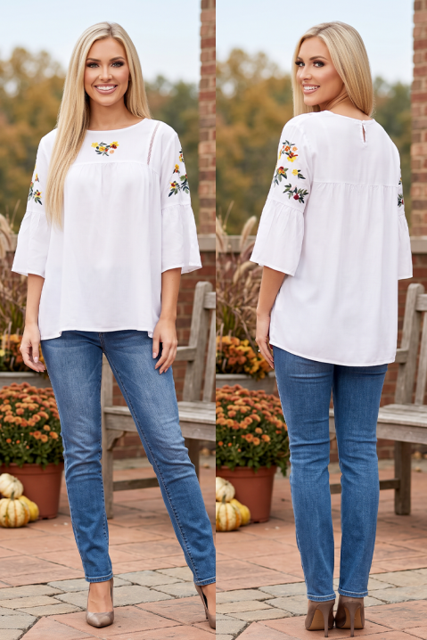 Elegantna bluza sa floralnim akcentima i A kroja rukavima LUSARIE WHITE, Boja: bela, IVET.RS - Nova Kolekcija
