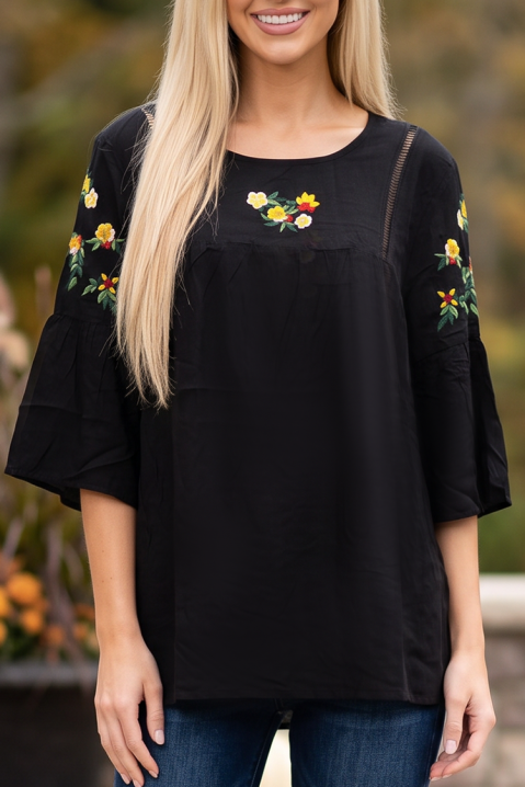Elegantna bluza sa floralnim akcentima i A kroja rukavima LUSARIE BLACK, Boja: crna, IVET.RS - Nova Kolekcija