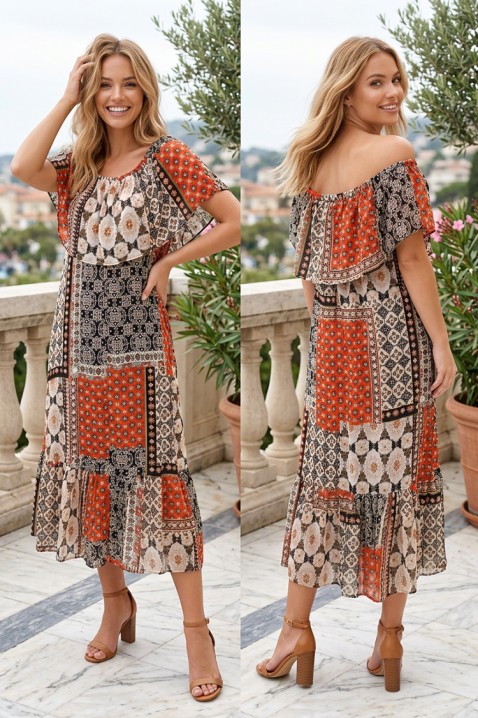 Elegantna midi haljina sa spuštenim ramenima i boho printom MAZMENA RED, Boja: višebojna, IVET.RS - Nova Kolekcija